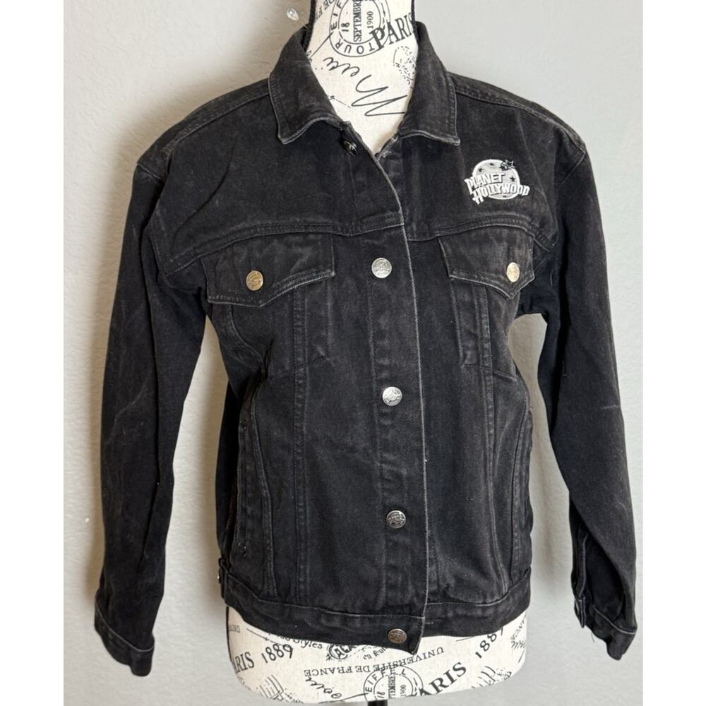 Planet Hollywood PARIS Vintage Black Jean Jacket Sz XL Measures Large Art Goth